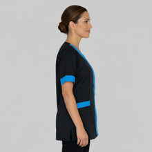 Carica l'immagine nel visualizzatore di Gallery, Camici da Lavoro Donna,Casacca "nero profilo azzurro" beauty cod: 1206