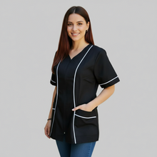 Carica l'immagine nel visualizzatore di Gallery, Camice da lavoro donna,con zip, nero inserto bianco modello "piera" Cod:2906