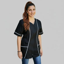 Carica l'immagine nel visualizzatore di Gallery, Camice da lavoro donna,con zip, nero inserto bianco modello "piera" Cod:2906