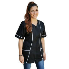 Carica l'immagine nel visualizzatore di Gallery, Camice da lavoro donna,con zip, nero inserto bianco modello "piera" Cod:2906