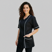 Carica l'immagine nel visualizzatore di Gallery, Camice da lavoro donna,con zip, nero inserto bianco modello "piera" Cod:2906