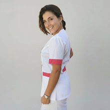 Carica l'immagine nel visualizzatore di Gallery, camice,casacca da lavoro donna,mod. beauty bianco inserto fuchsia Cod:290725