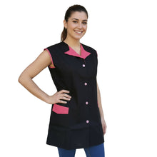 Carica l'immagine nel visualizzatore di Gallery, Casacca da lavoro,camice giromanica corto bottoni col. "NERO profilo fuchsia" cod: 1509
