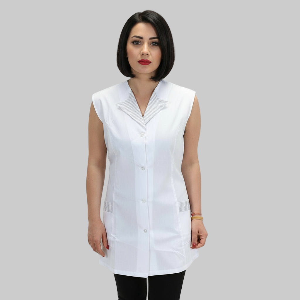 Casacca,camice da lavoro giromanica, bianco inserti grigi cod:7029