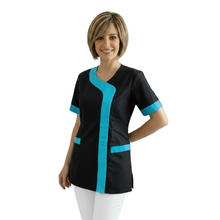 Carica l'immagine nel visualizzatore di Gallery, Camici da Lavoro Donna,Casacca "nero profilo azzurro" beauty cod: 1206
