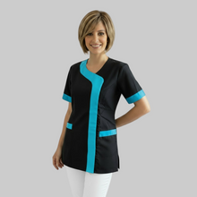 Carica l&#39;immagine nel visualizzatore di Gallery, Camici da Lavoro Donna,Casacca &quot;nero profilo azzurro&quot; beauty cod: 1206
