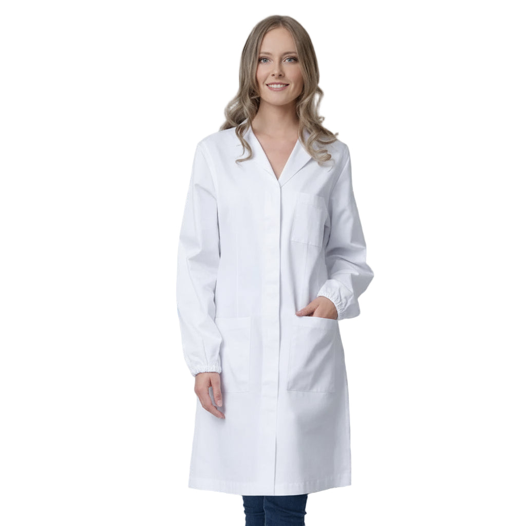 Camice da Laboratorio Donna, Cotone Pesante Bianco, Polsini Elasticizzati, Bottoni Automatici cod: 0303