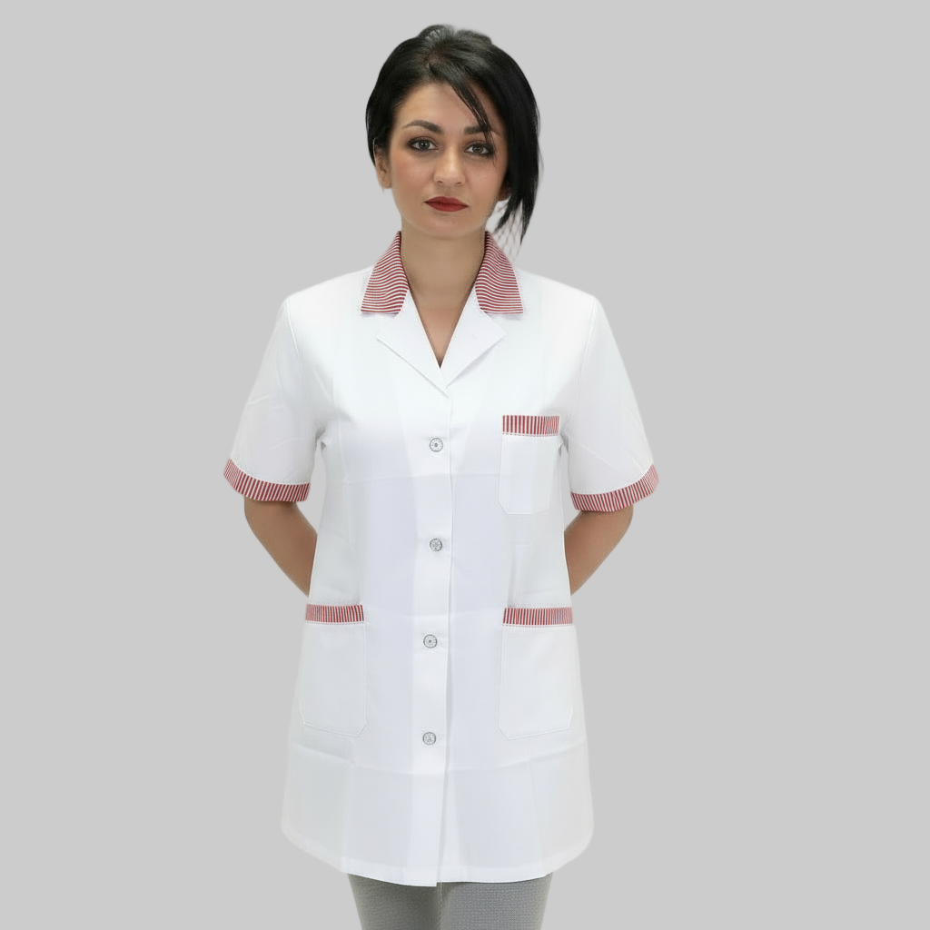 Casacca,camice da lavoro, bianco profilo rosso MM corto cod: 121019