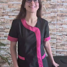 Cargar y reproducir el video en el visor de la galería, Camice,casacca da lavoro donna mod beauty, Nero inserto fuchsia Cod: 290720
