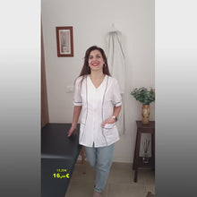 Carica e avvia il video nel visualizzatore di galleria, Camice da lavoro,casacca zip donna, bianco con profilo mod. &quot;rosaria&quot; COD: 7203
