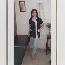 Carica e avvia il video nel visualizzatore di galleria, Camice da Lavoro Donna ,Casacca,nero profilo glicine cod: 2401
