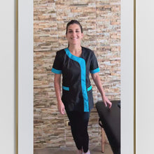 Carica e avvia il video nel visualizzatore di galleria, Camici da Lavoro Donna,Casacca "nero profilo azzurro" beauty cod: 1206
