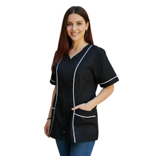 Carica l'immagine nel visualizzatore di Gallery, Camice da lavoro donna,con zip, nero inserto bianco modello "piera" Cod:2906
