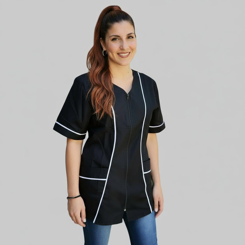 Camice da lavoro donna,con zip, nero inserto bianco modello 