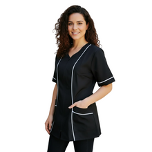 Carica l'immagine nel visualizzatore di Gallery, Camice da lavoro donna,con zip, nero inserto bianco modello "piera" Cod:2906

