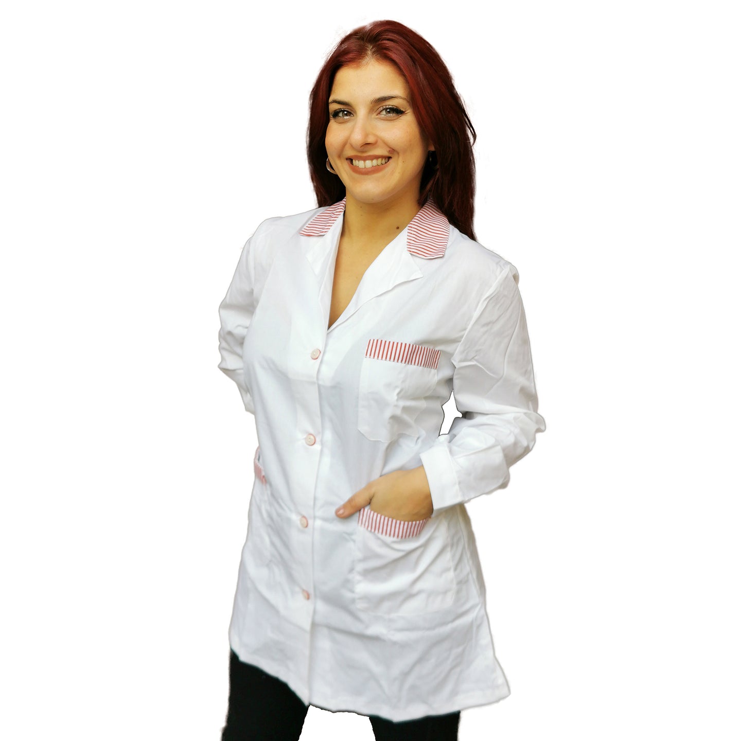 camice da lavoro,casacca donna bianco profilo rosso ML corto cod: 7234