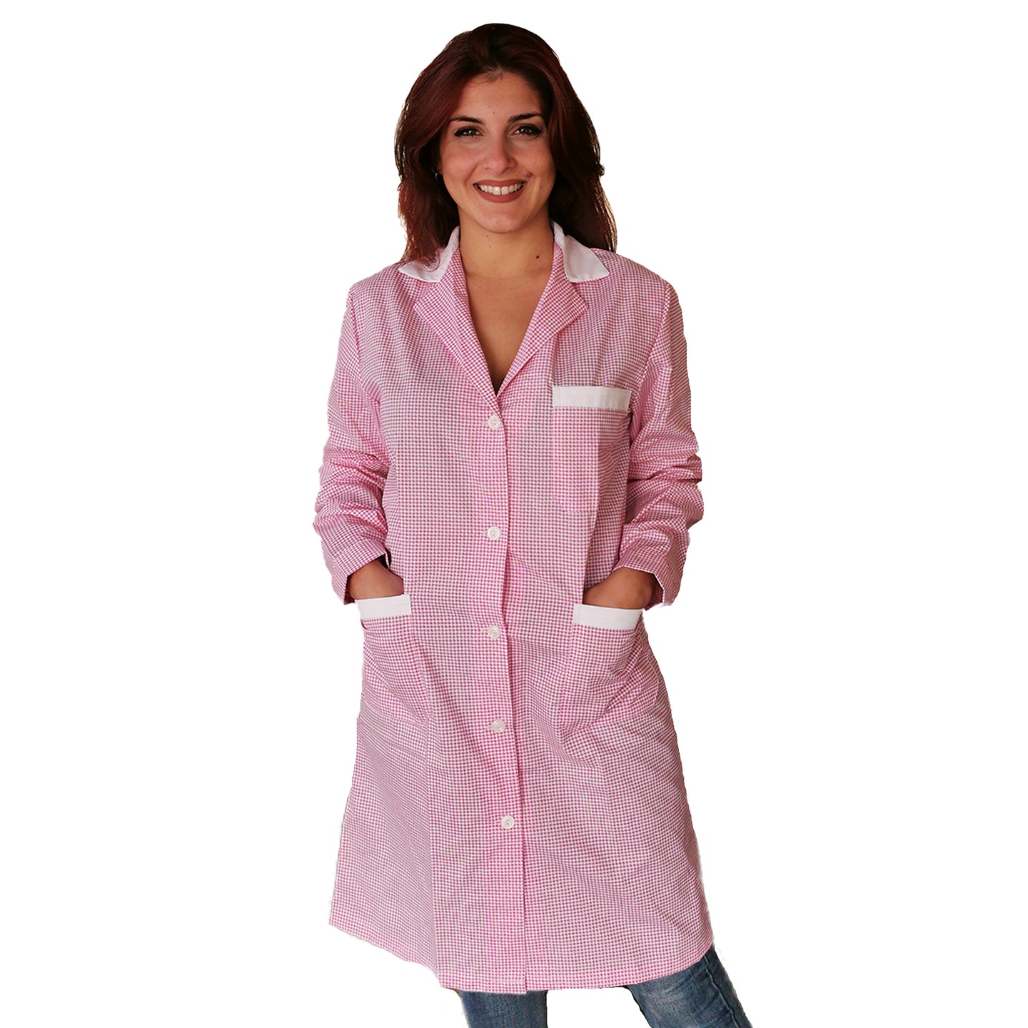 camice da lavoro, lungo quadretto rosa ML cod:7456