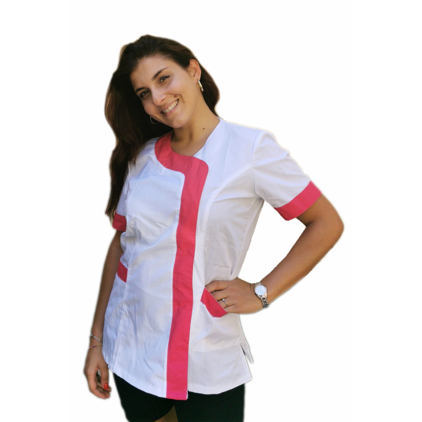 camice,casacca da lavoro donna,mod. beauty bianco inserto fuchsia Cod:290725