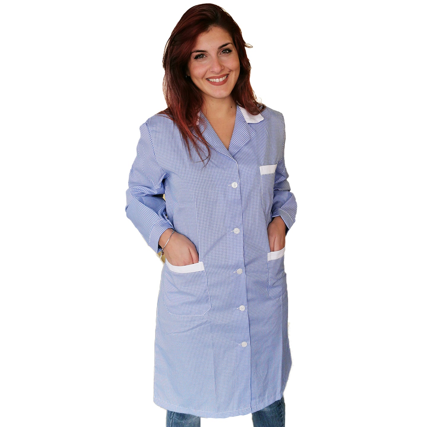 camice da lavoro donna,lungo quadretto azzurro ML cod: 200524