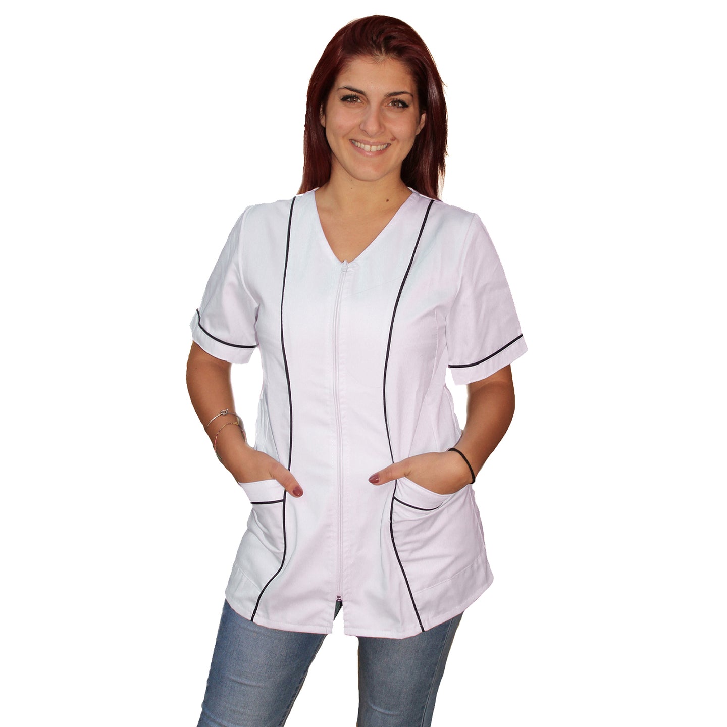 Camice da lavoro,casacca zip donna, bianco con profilo mod. 