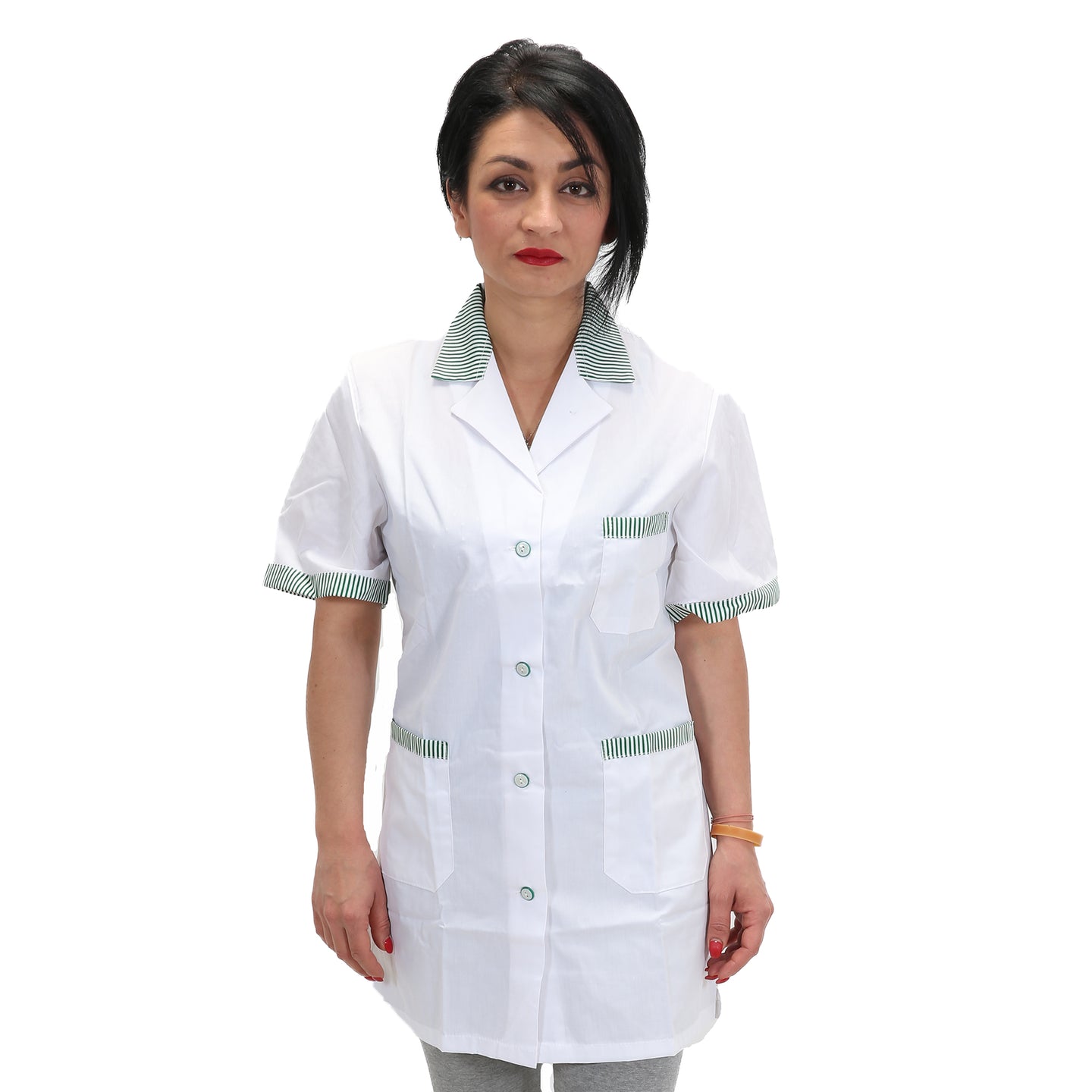 camice da lavoro,casacca donna bianco profilo verde MM corto cod: 7241