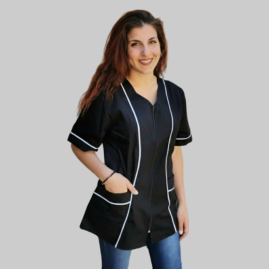 Camice da lavoro donna,con zip, nero inserto bianco modello 